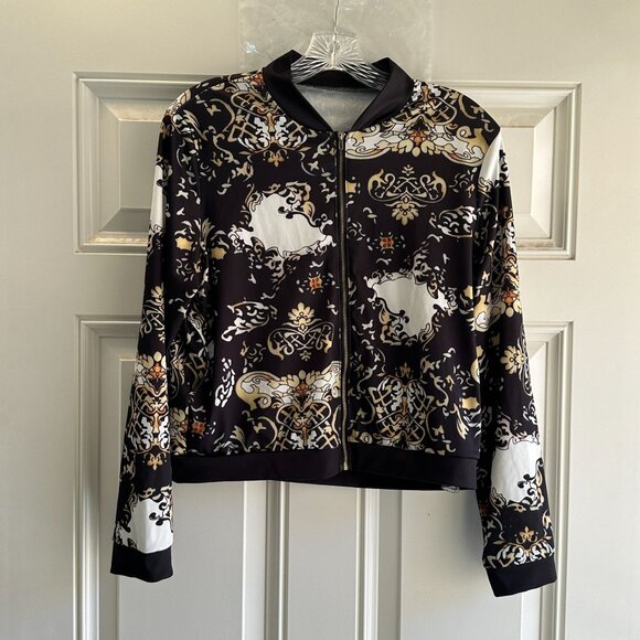 Womens Baroque Print Fashion Pants & Jacket Set Black & Gold Size M - Picture 4 of 5